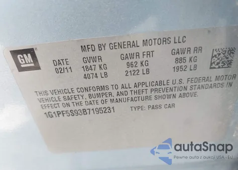 2011 Chevrolet Cruze 1Lt z USA, uszkodzony, nr VIN 1G1PF5S93B7195231